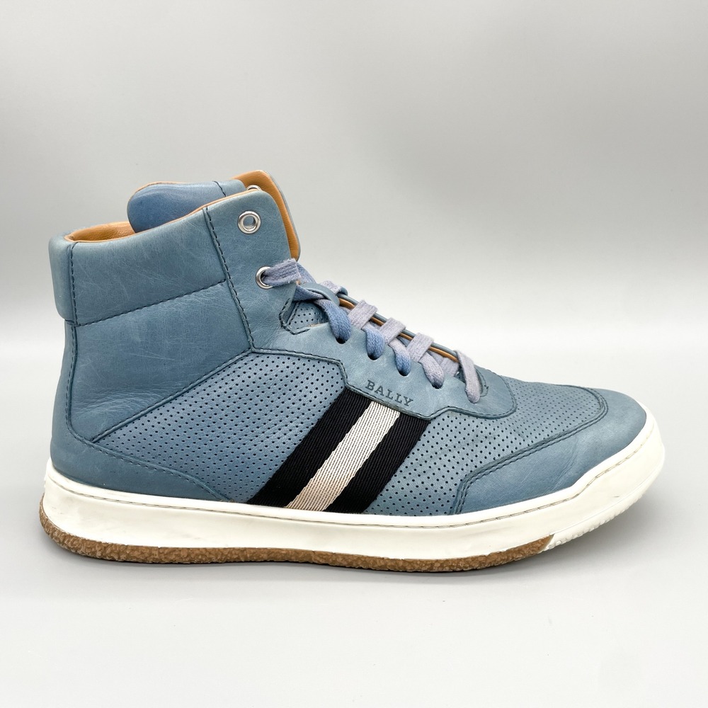 Bally Mens 10.5 D Atilio Blue Leather High Top Sneakers Stripe Casual Shoes